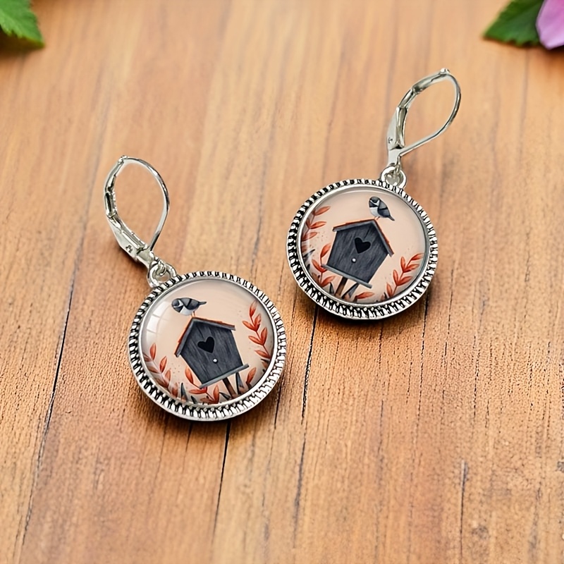 Vintage Round Glass Birdhouse Earrings, Charming Gift